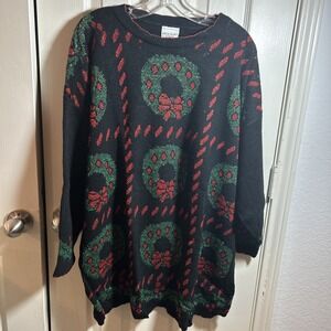 Vintage Holiday Time Vintage Women's Wreath Black Sweater‎ 20W